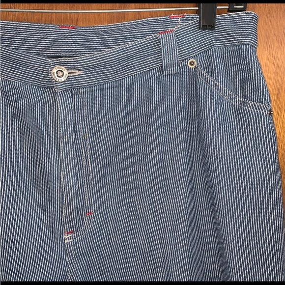 Women’s L Vintage SAG HARBOR SPORT Railroad Blue Striped Cropped Carpenter Pants - Picture 3 of 14